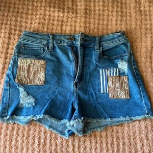 Blue Jean Shorts with High-Waisted Fit and Distressed Details
